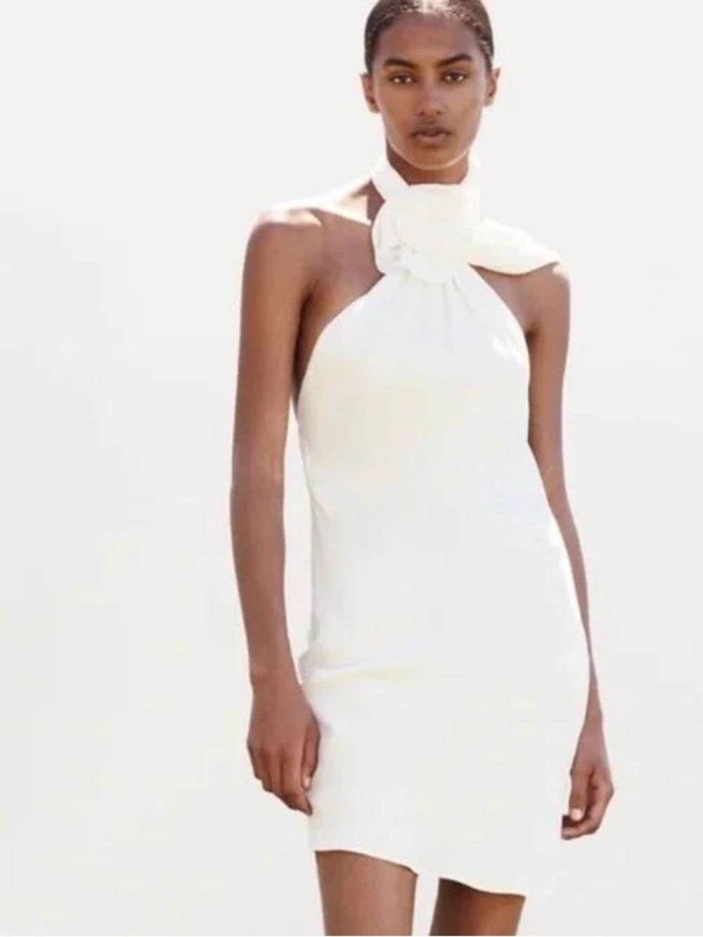 Zara Satin Halter Mini Dress with Floral Neck Detail